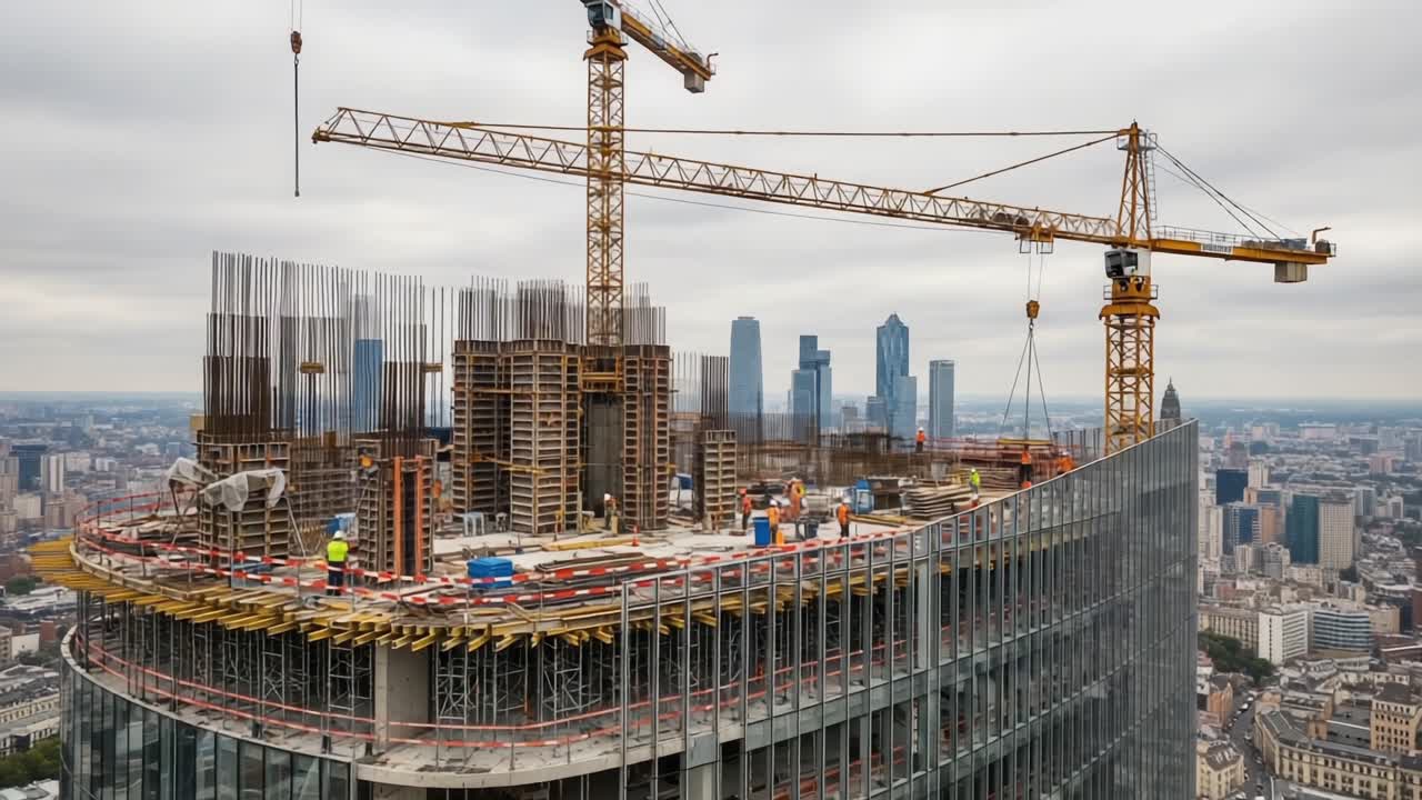 Aerial View of Construction Site on Skyscraper with Cranes, Workers, and Urban Landscape Highlighting Modern Architecture and Engineering Advancements