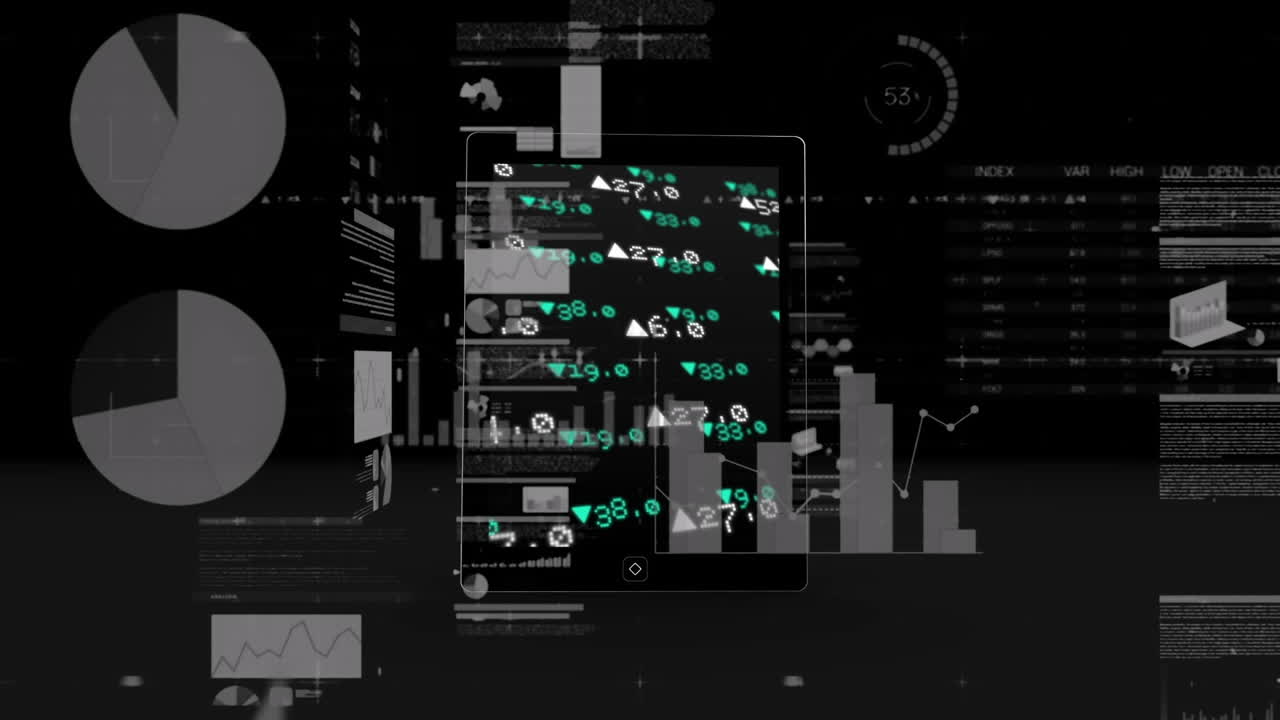 Animation of digital tablet with statistical data processing against black background