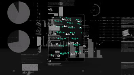 animation of digital tablet with statistical data processing against black background