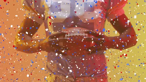 Animation-of-confetti-falling-over-american-football-player-on-neon-background