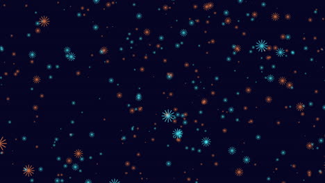 fly blue and orange snowflakes in dark blue sky