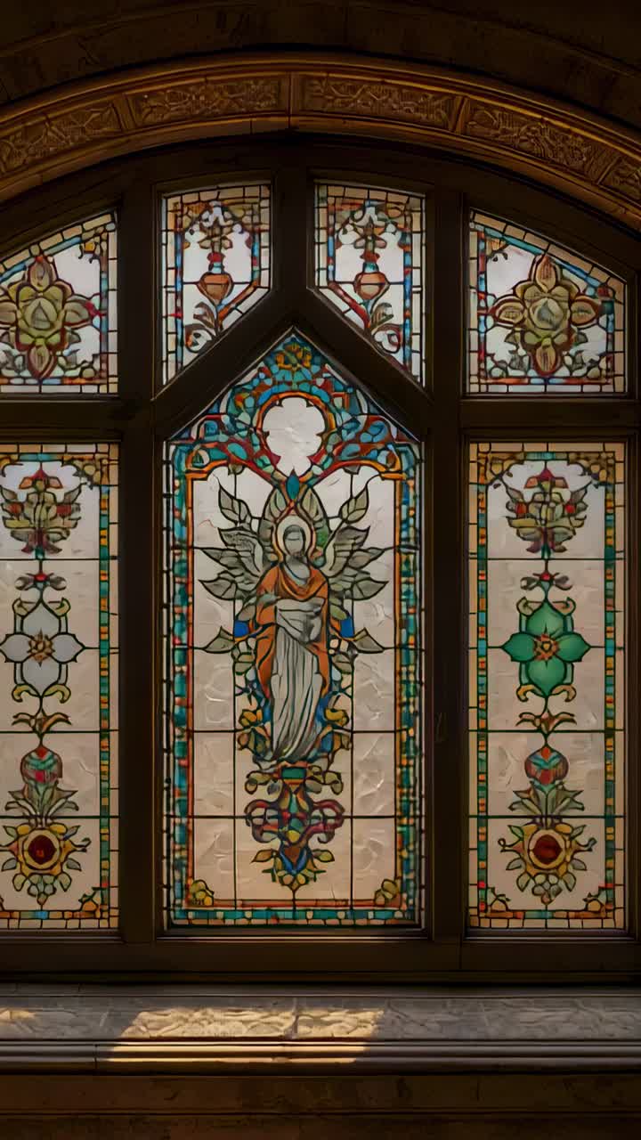Vertical video: Sunlight shifting along chapel sill, lighting robed angel in stained-glass window