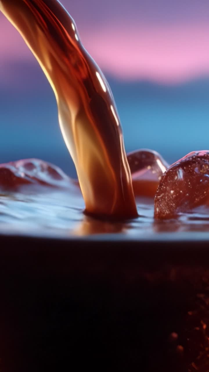 Una Colata Rinfrescante: Primo piano di una bibita scura che si versa sul ghiaccio con uno splendido sfondo sfumato, catturando l'essenza di una perfetta bevanda estiva.