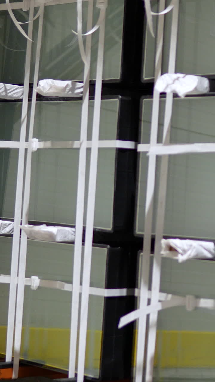 Primo piano di grandi pannelli di vetro o specchi imballati con cinghie protettive in nylon bianco in un ambiente di fabbrica. Ideale per contenuti su logistica, produzione e sicurezza industriale
