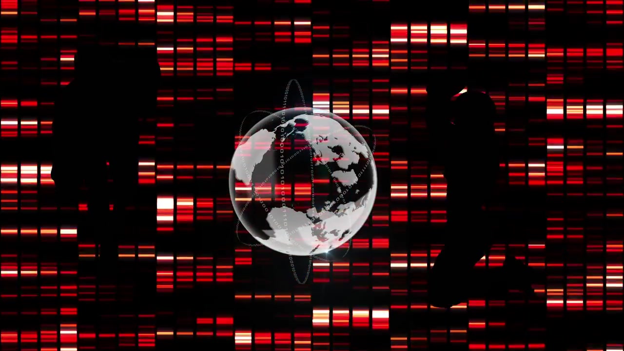 Digital Globe with Silhouettes of People Walking Against Red Data Background