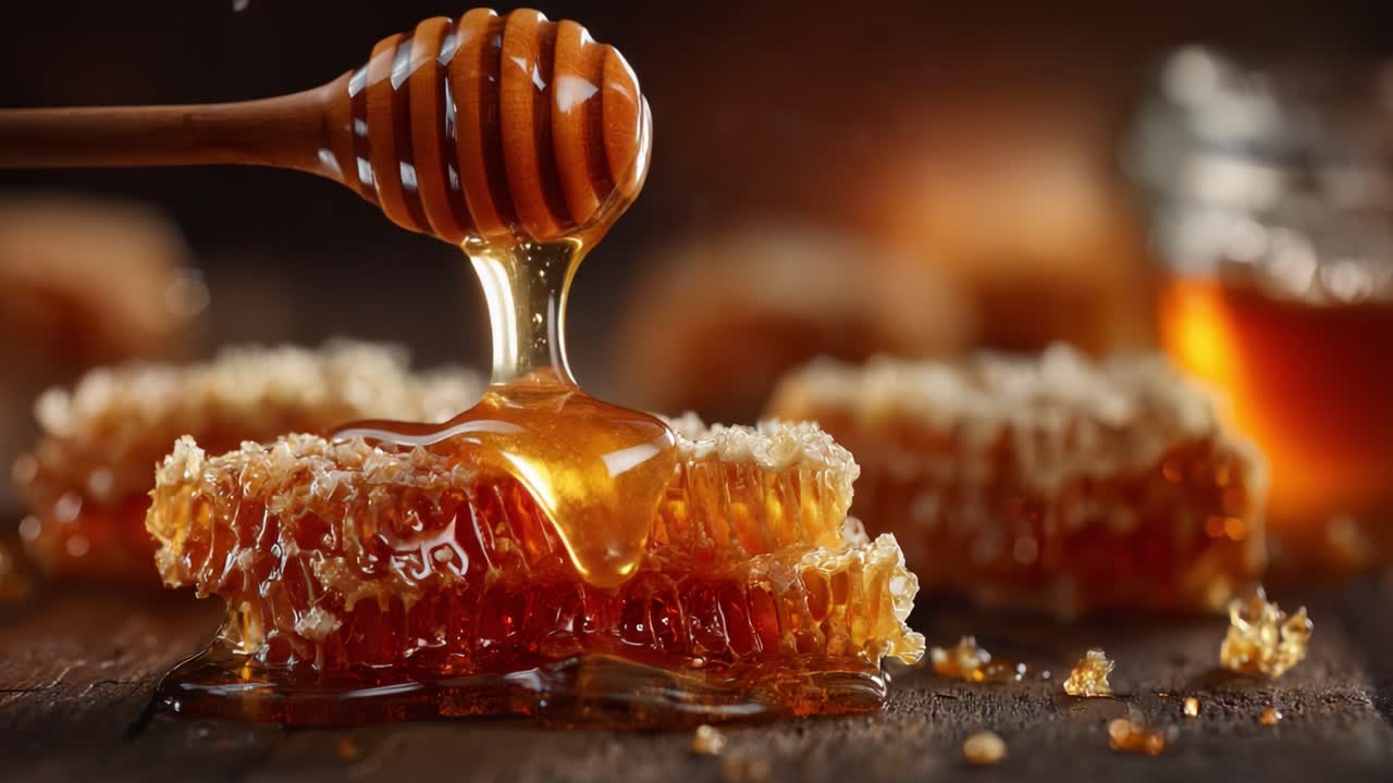 Primo piano affascinante di miele dorato che cola da un mestolo di legno su favo fresco, rivelando la dolcezza e la consistenza della natura in dettagli squisiti.