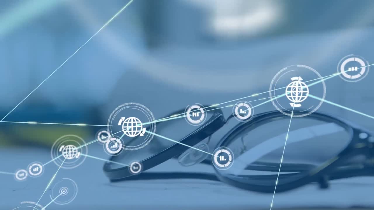 책상 위의 유리 위의 연결 네트워크의 애니메이션