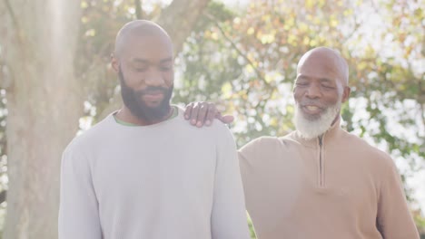 video of happy senior african american father and adult son talking in garden