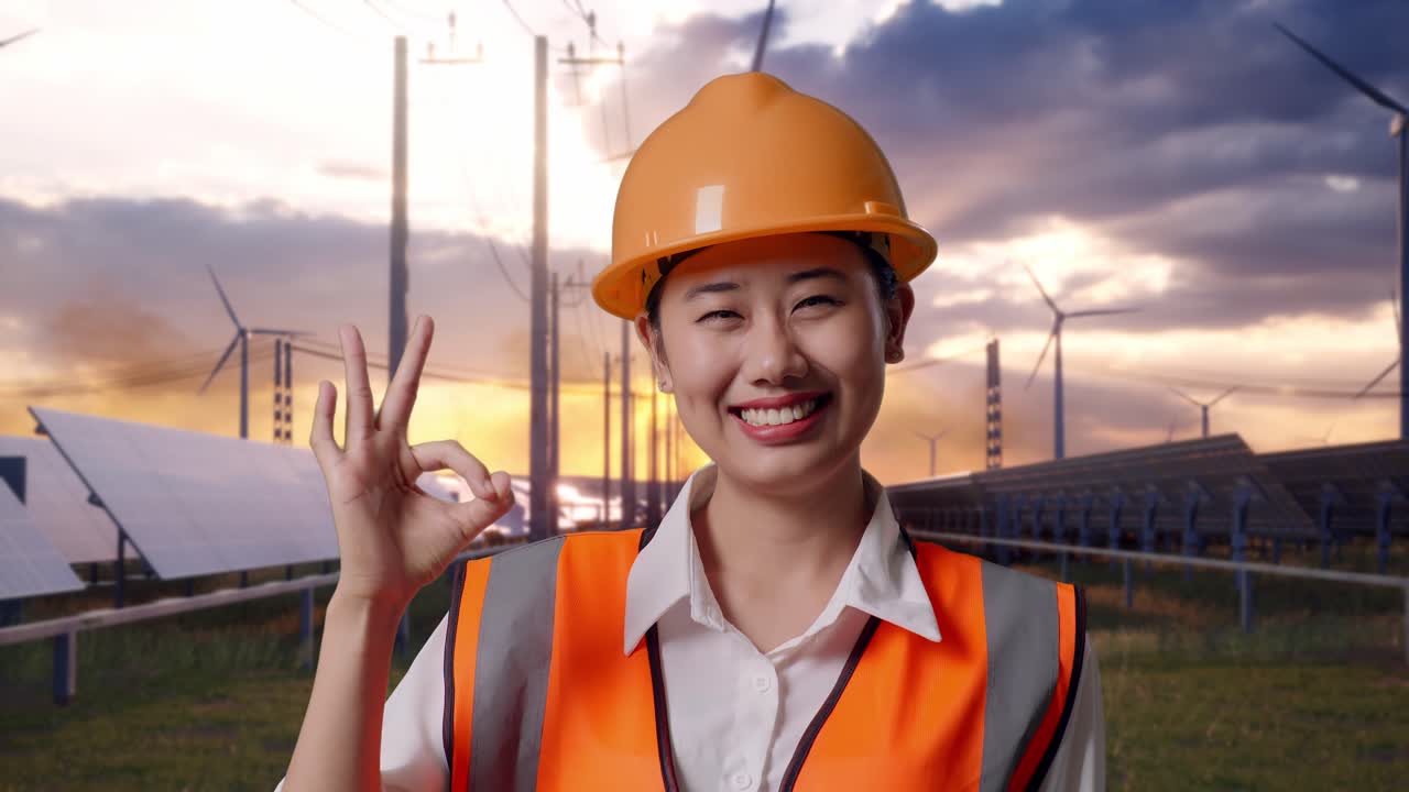 Close Up Of Asian Female Engineer With Safety Helmet Smiling And Showing Okay Gesture To The Camera With Solar Panel and Wind Turbines