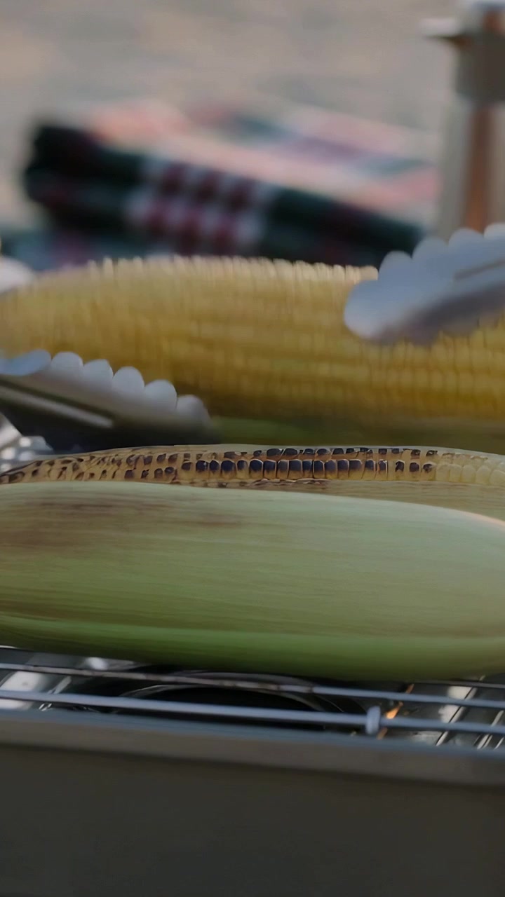 Vertical video: Entering metal tongs turning ears of corn on small grill at shoreline, checking