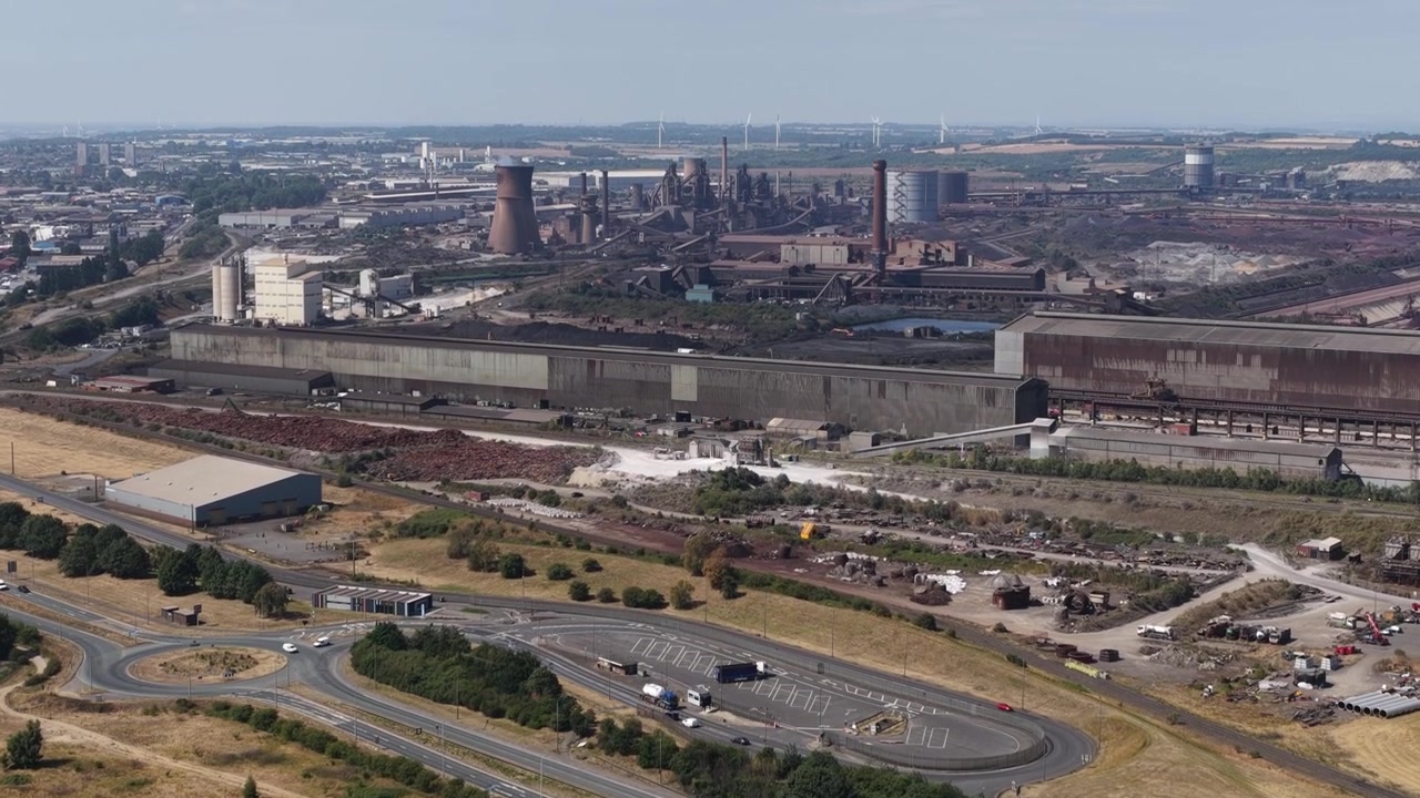 Aerial view of a major British steelworks and blast furnace in England, showing large-scale steel production, heavy industry and industrial infrastructure.