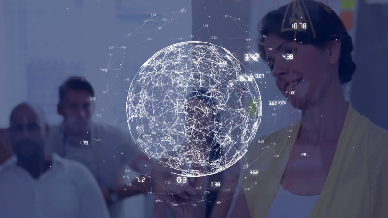 animación del procesamiento de datos y el mundo sobre diversos colegas que trabajan en la oficina