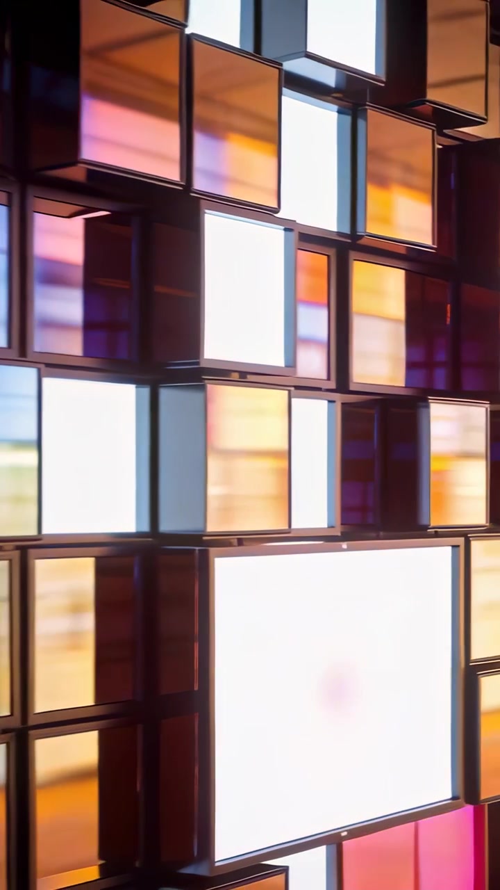 Vertical video: Sliding camera revealing stacked screens cycling warm hues in lobby, glossy frames