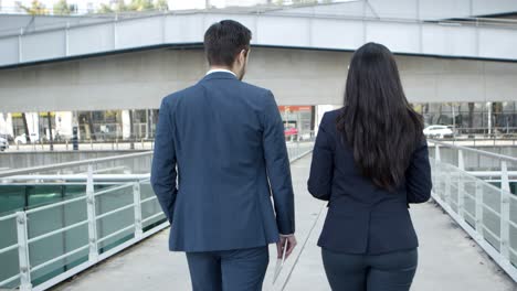 back view of business colleagues walking on street