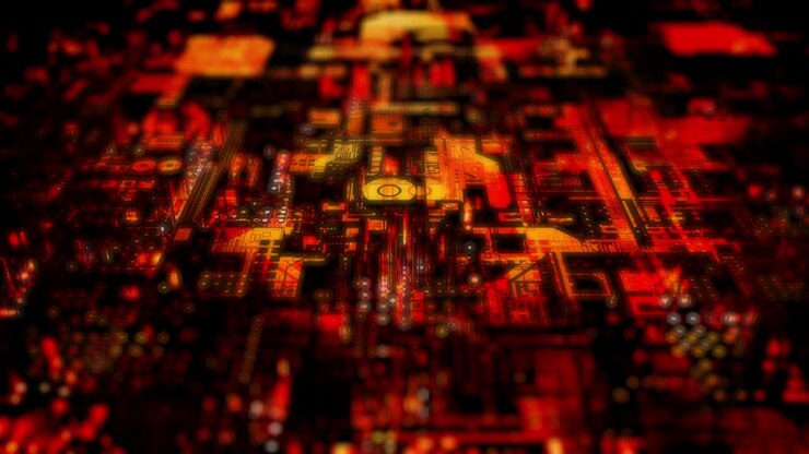 Sfondo digitale hi-tech cyberpunk astratto con illuminazione rossa.