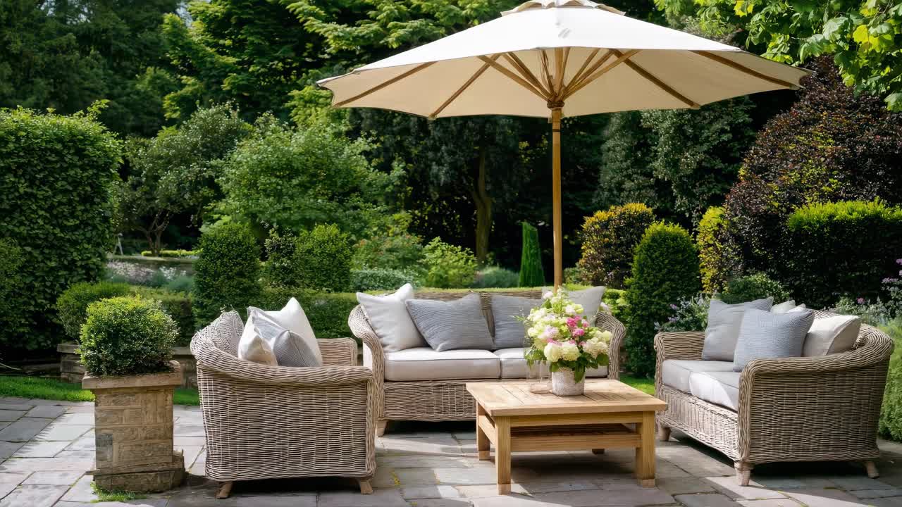 A serene garden patio setup with wicker furniture and a large umbrella, captured from a low angle