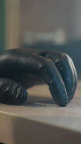 una vista de cerca de la mano con guantes de un científico descansando en un escritorio de laboratorio, con equipos de laboratorio visibles en el fondo