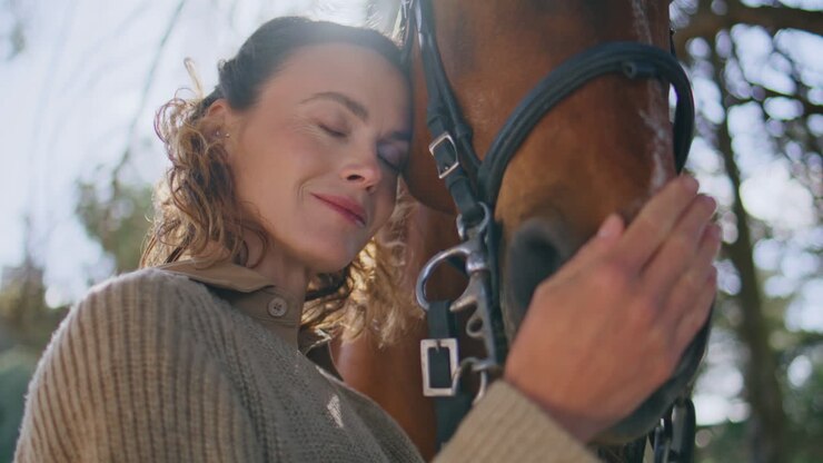 Calm woman bonding horse in serene park closeup. Joyful model cuddling stallion