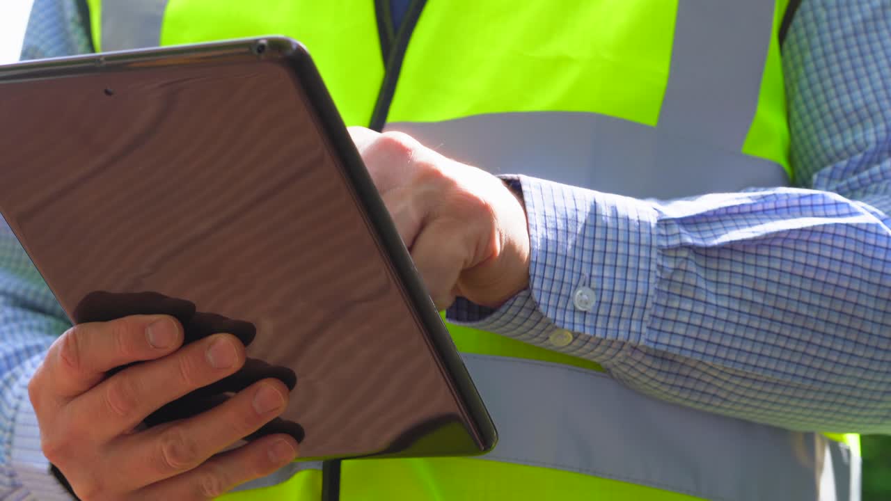 Worker on tablet outdoor with high visibility vest.