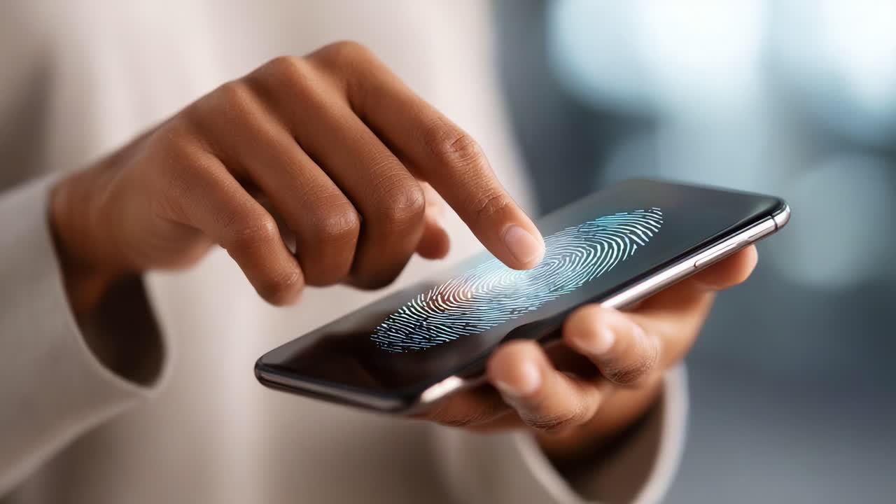 User interacting with biometric fingerprint scanner on a smartphone, demonstrating advanced technology, security, and personalization in mobile devices