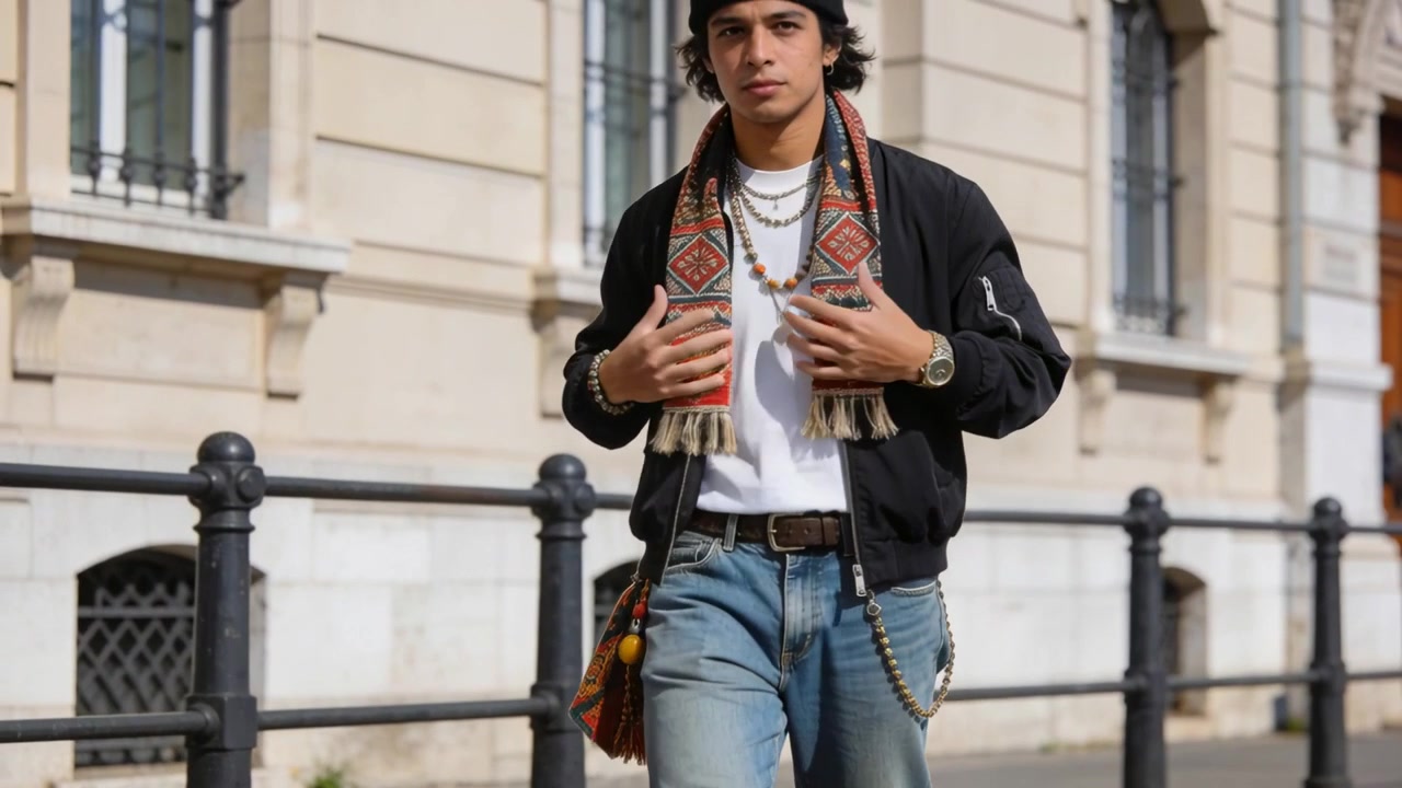 Walking man raising hands, securing patterned scarf against black bomber jacket on city sidewalk