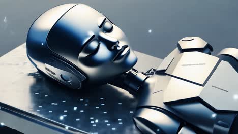 a silver robot lying down and sleeping