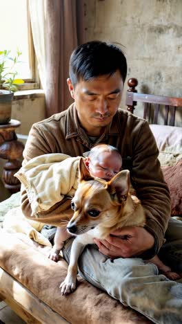 cozy morning with dad, baby, and a puppy.