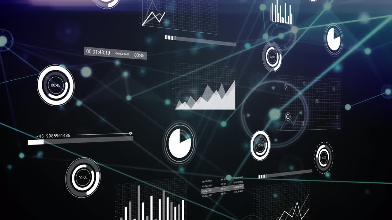 Animation of graphs and changing numbers in loading circles over connected dots in background