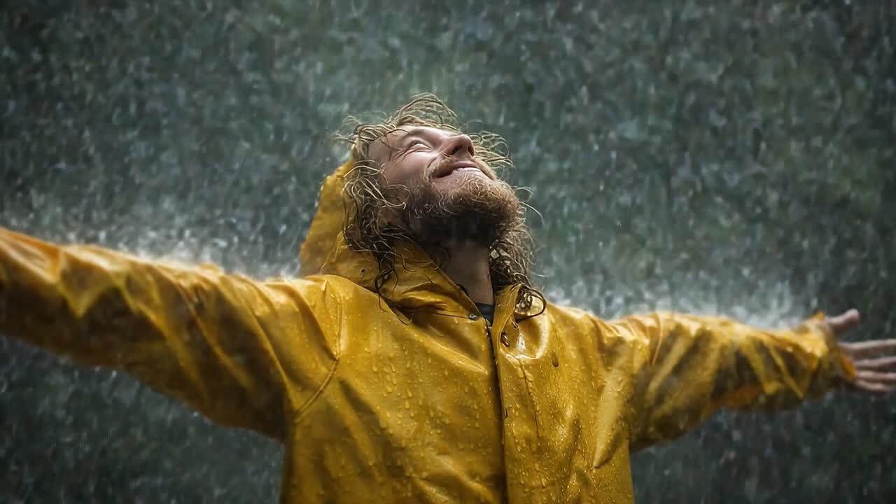 A Joyous Moment in Nature: Embracing the Rain and Celebrating Life with Open Arms and a Bright Yellow Raincoat Under a Shower of Raindrops