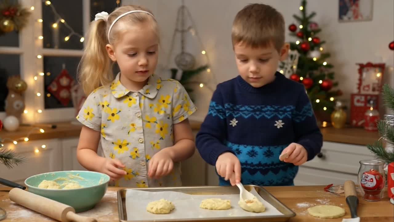 Happy Children Baking Christmas Cookies in a Festive Kitchen