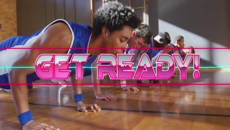 animation of get ready text with diverse basketball players at gym