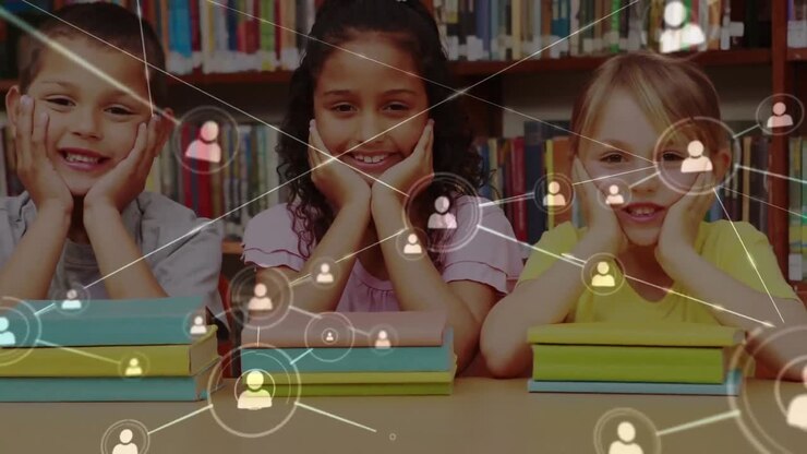 Network of profile icons against portrait of diverse students smiling while sitting at library