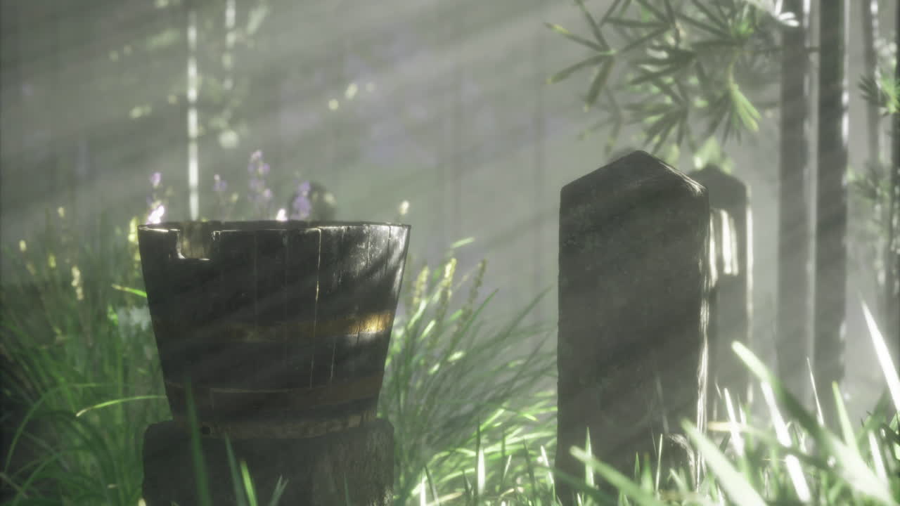 Sunlight filters through trees illuminating a wooden bucket in a lush garden