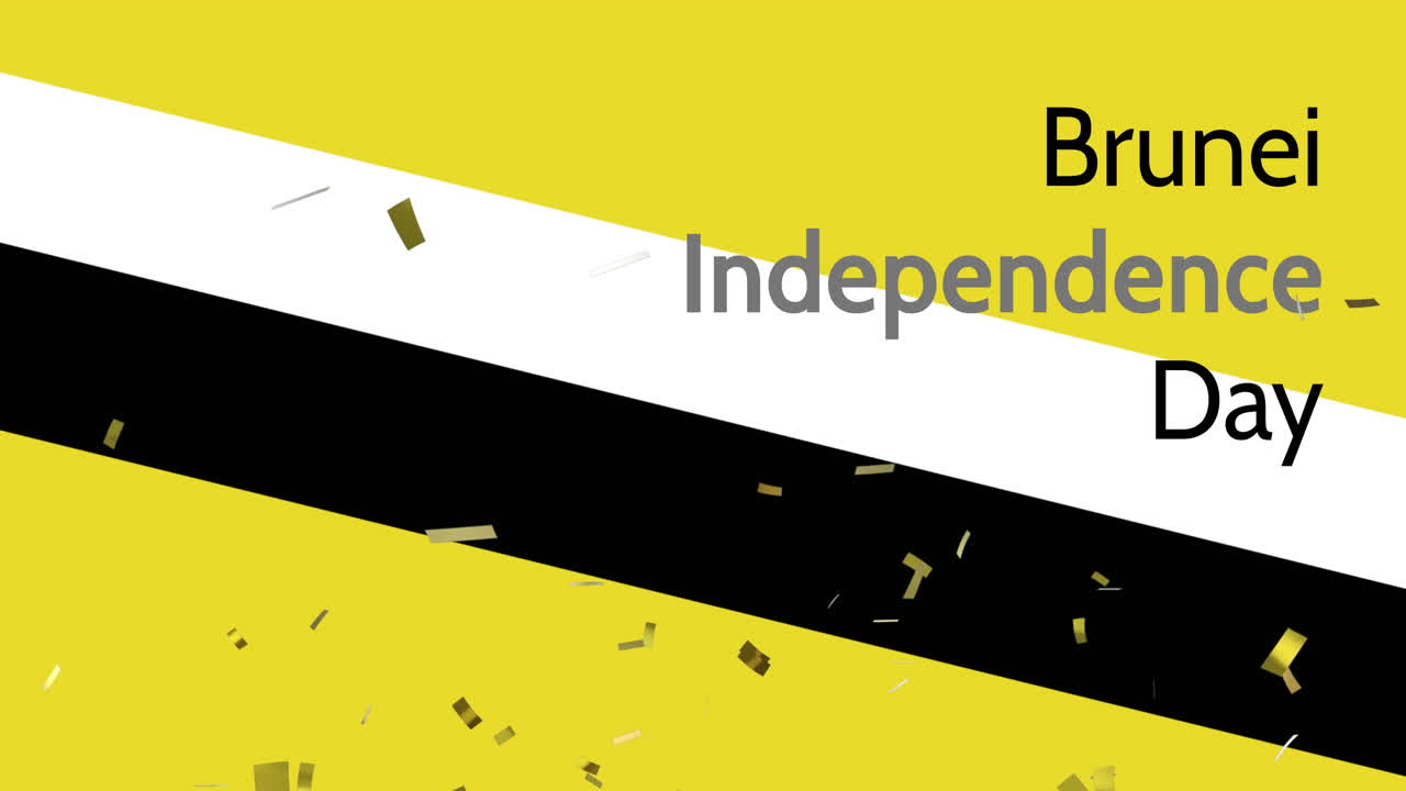 부르네이 독립기념일 텍스트와 부르네이 국기 위의 콘페티의 애니메이션