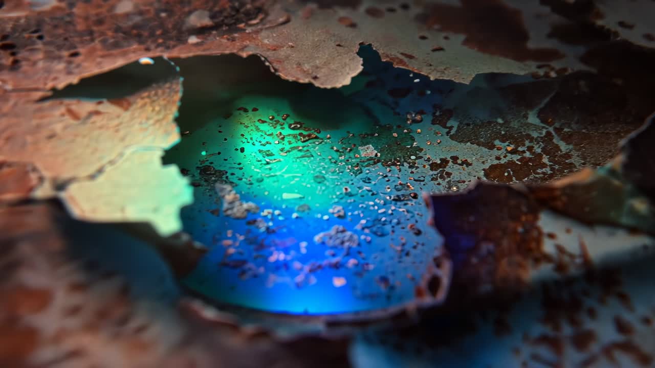 Zooming camera revealing peeling rusted panel, showing flaking paint and glowing turquoise layer