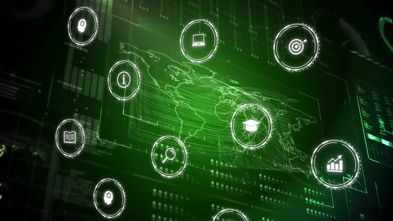 Interface starting wireframe globe emerging center icons gliding inward orbiting pulsing data view