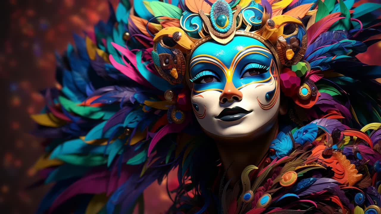 Ritratto vibrante e colorato di una figura mascherata con piume, ripreso dal basso