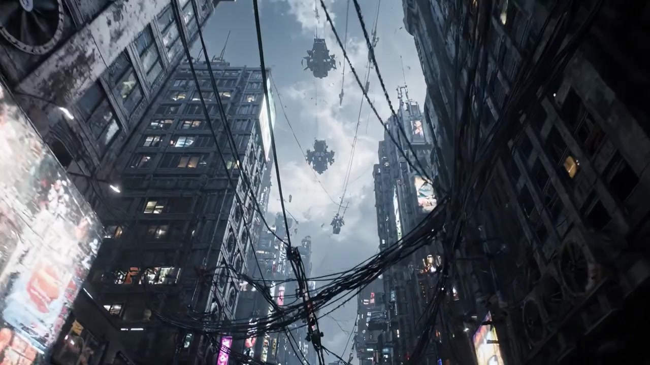 Ett dystopiskt stadslandskap med luftledningar och futuristisk arkitektur i en rökig miljö som framhäver en störande men visuellt fängslande scen.
