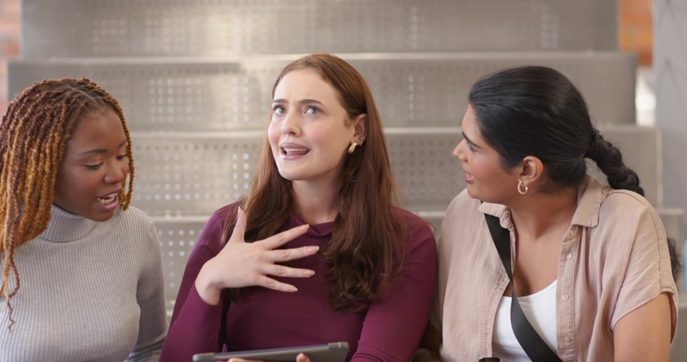 Diverse female friends sitting on bench, smartwatch buzzing, center tapping tablet, others watching