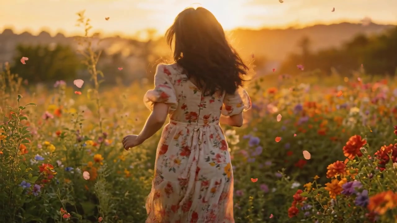 Donna sorridente che fa volteggiare un vestito floreale in un prato mentre il sole tramonta, con petali che vanno alla deriva verso le colline.