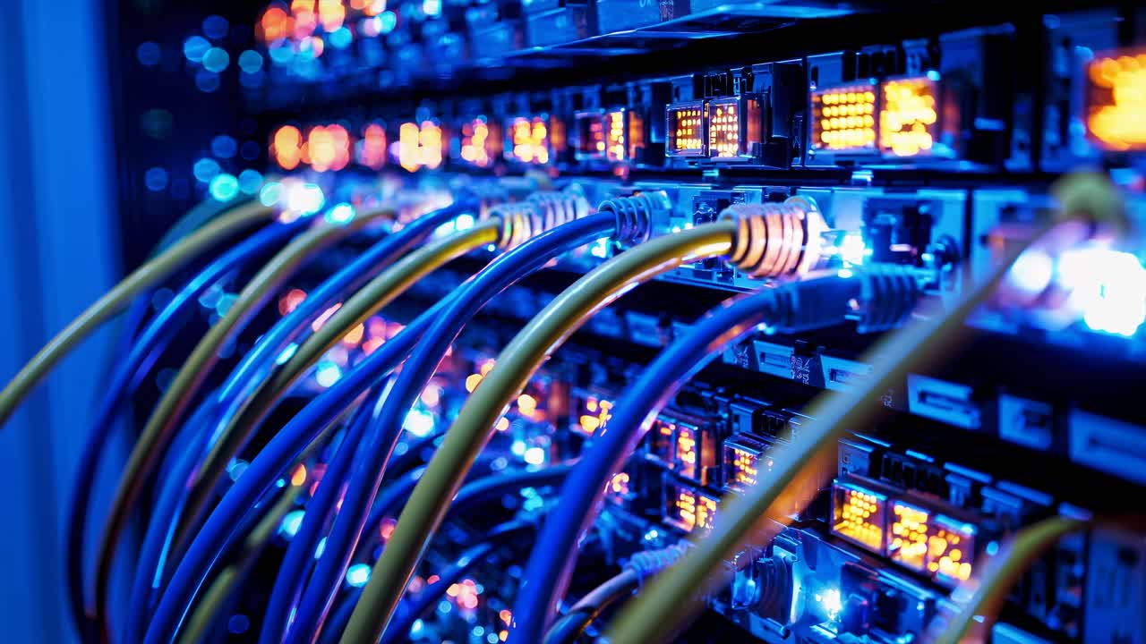 Close-up video shot of a network server with colorful cables and glowing lights