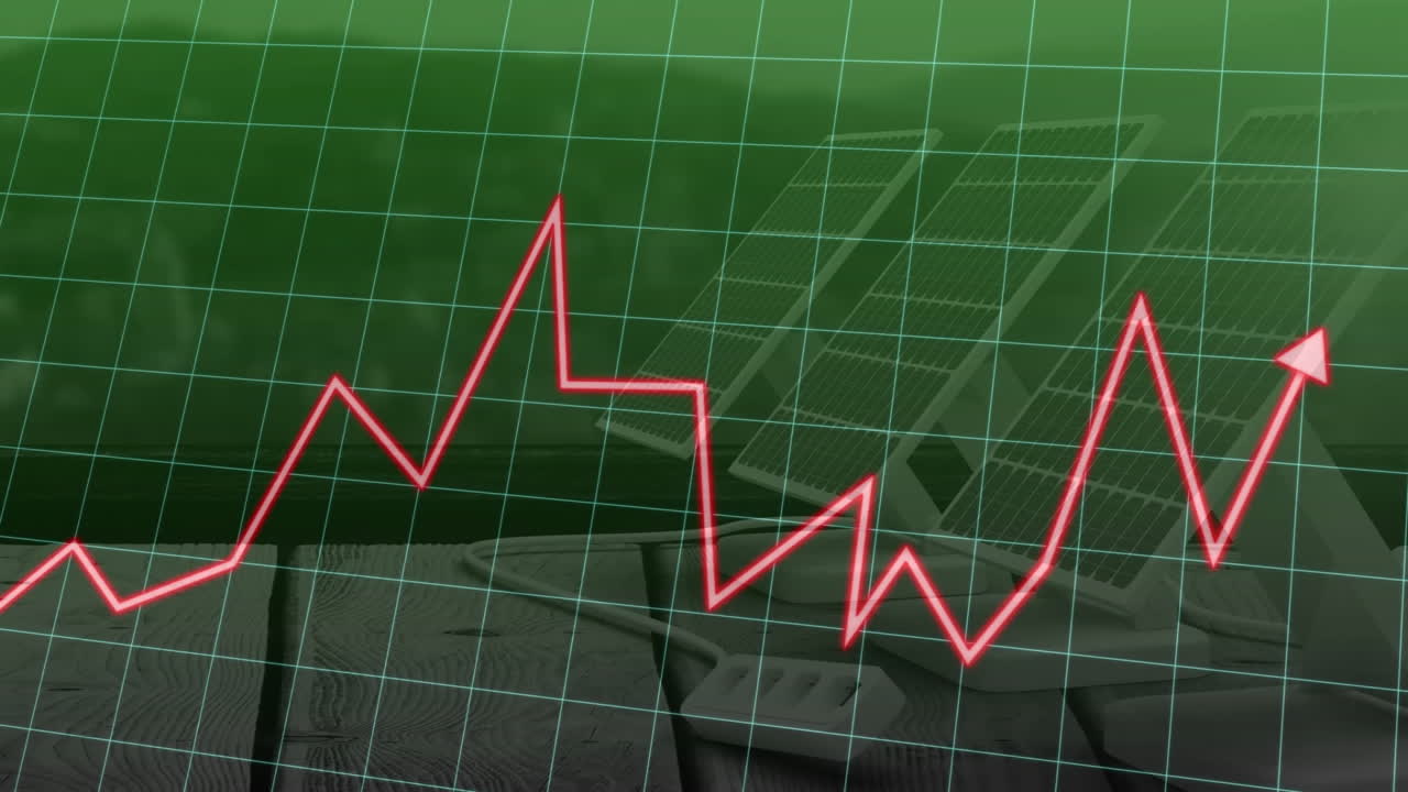 animación de gráfico de línea roja ascendente sobre paneles solares y fondo de cuadrícula verde