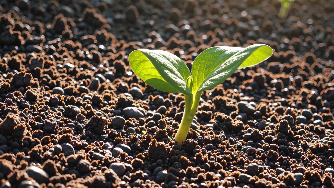 Piccola piantina verde che cresce in terreno scuro e ricco