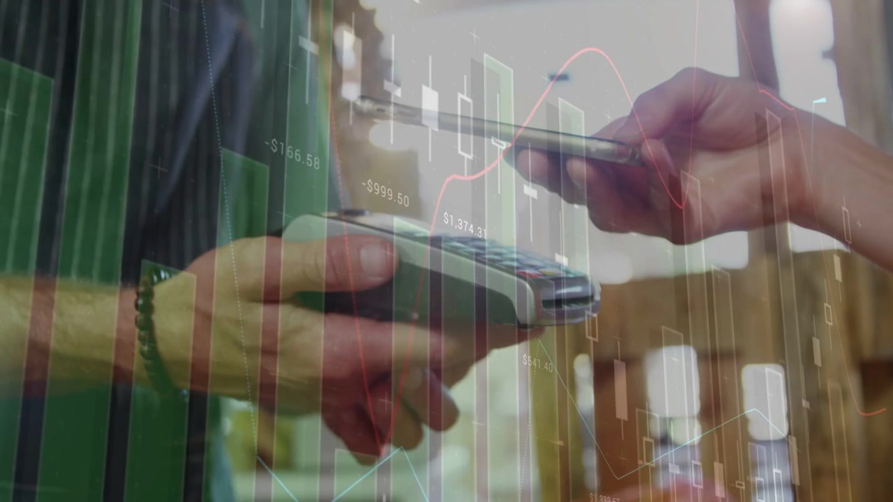 Clerk adjusting reader, customer holding phone, tapping to pay while finance charts overlay counter