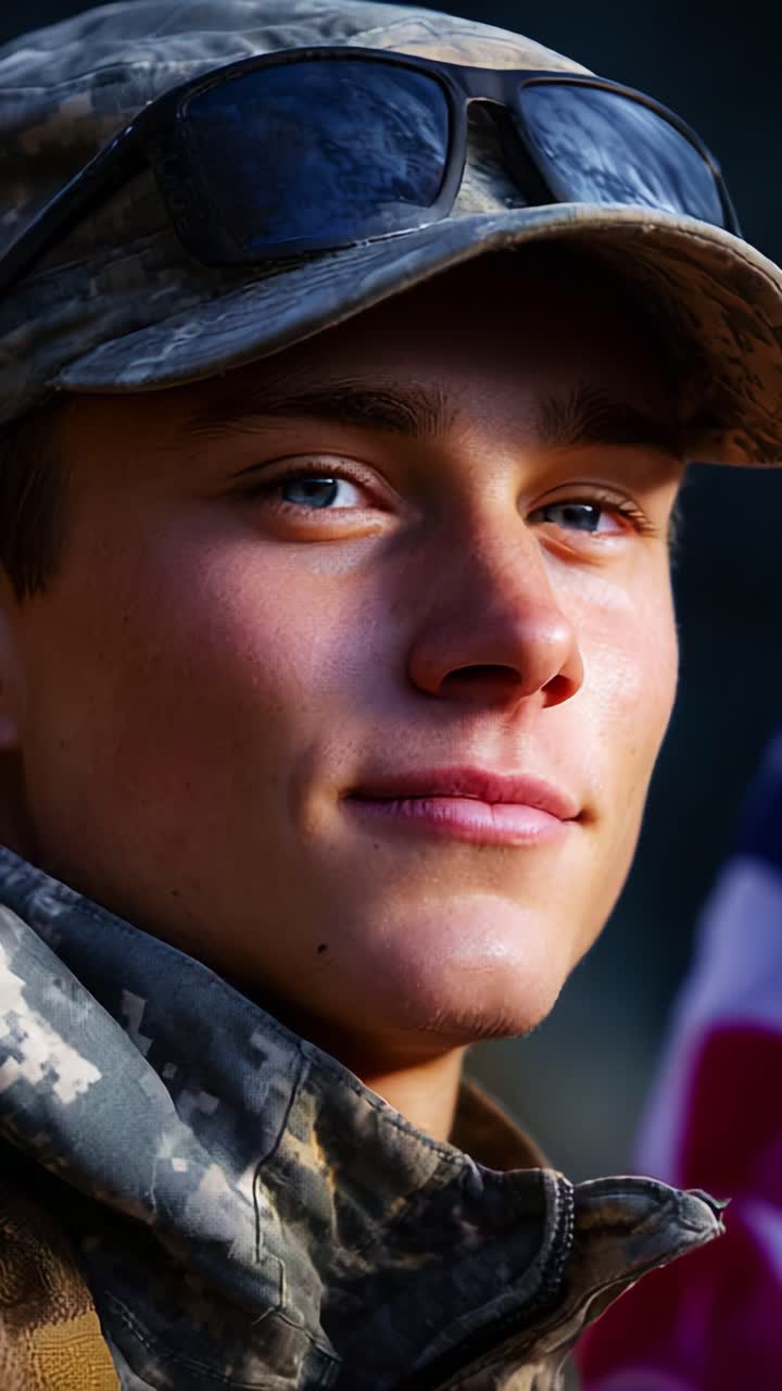 Ein junger Soldat steht selbstbewusst mit einem entschlossenen Gesichtsausdruck, trägt Militärausrüstung und eine Sonnenbrille und verkörpert Stärke und Engagement für Pflicht und Dienst