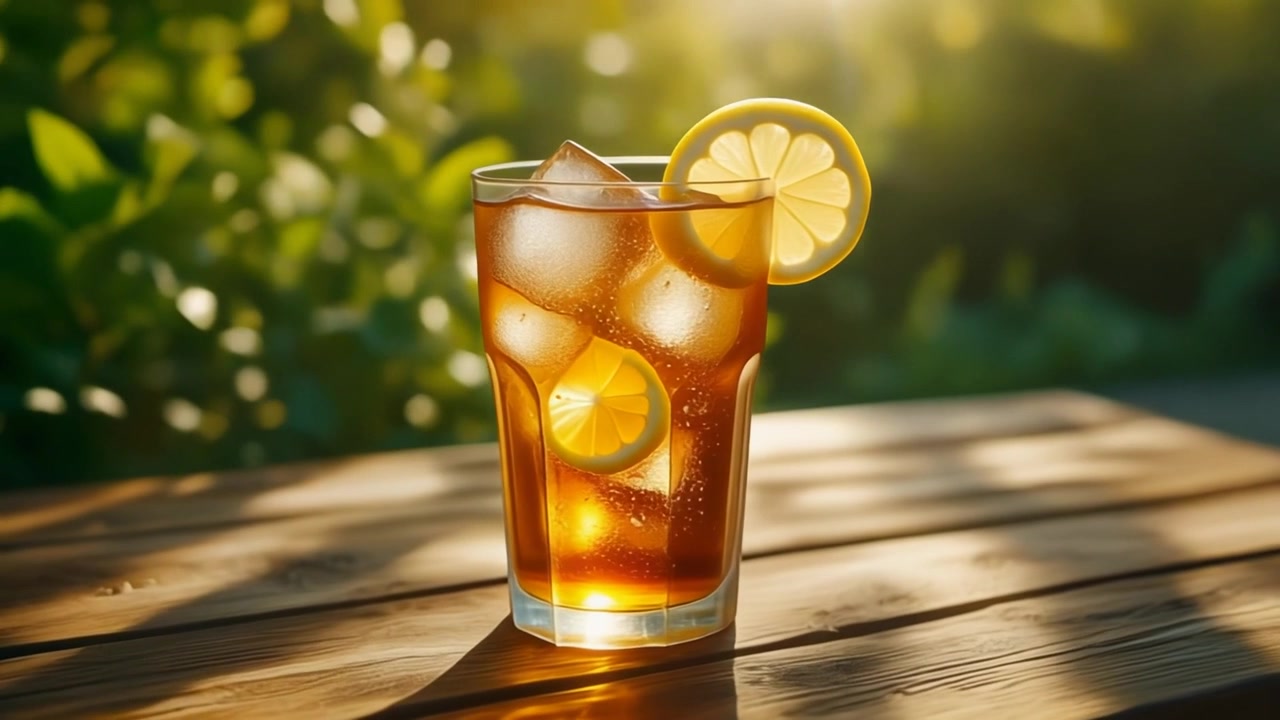 Bicchiere di tè freddo con limone su un tavolo di legno