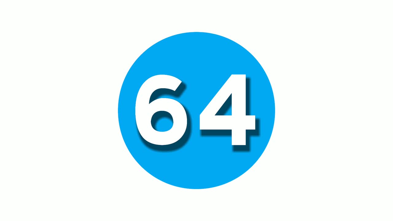 número 64, 64: símbolo de señal, animación, gráficos en movimiento, círculo blanco, fondo azul, 4k, número de vídeo de dibujos animados para elementos de vídeo.
