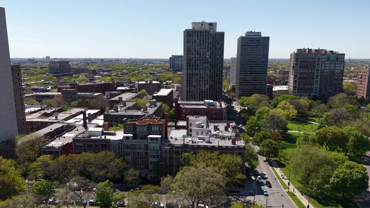 Drone Shot of Lincoln Park Residential Neighborhood of Chicago USA, Towers and Landscape on Sunny Day