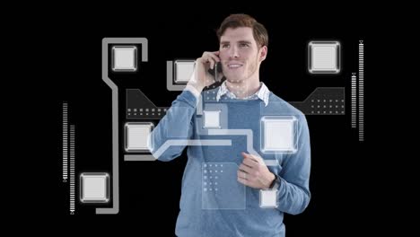 animación de la red de conexiones a través de un empresario caucásico que usa un teléfono inteligente