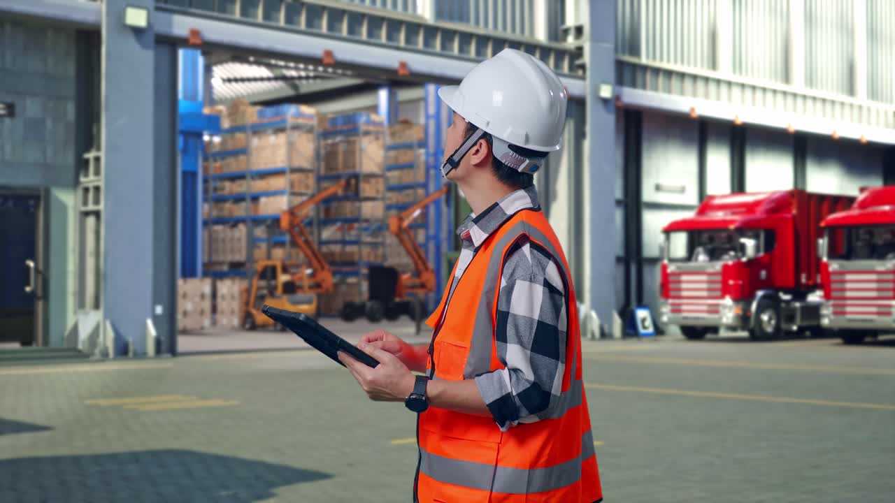 Side View Of Asian Male Engineer With Safety Helmet Looking At The Tablet In His Hand And Looking Around While Standing , Outside of Logistics Distributions Warehouse